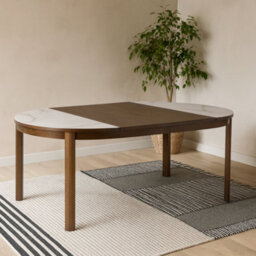 Wyld Haus Cork Round Extendable Cream Ceramic Dining Table With Oak Veneer Base - thumbnail 1