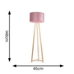 Valuelights Lottie Natural Wood Tripod Floor Lamp With Blush Pink Velvet Drum Shade - thumbnail 4