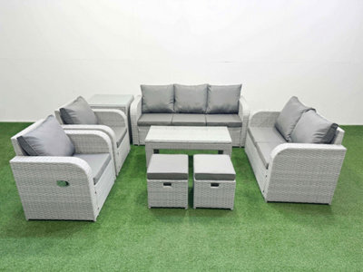 Fimous Pe Rattan Garden Furniture Set Adjustable Chair Double Love Seat 2 Seater Sofa Lounge Set 2 Stools Side Table Light Grey - image 1