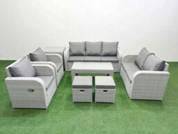 Fimous Pe Rattan Garden Furniture Set Adjustable Chair Double Love Seat 2 Seater Sofa Lounge Set 2 Stools Side Table Light Grey - thumbnail 2