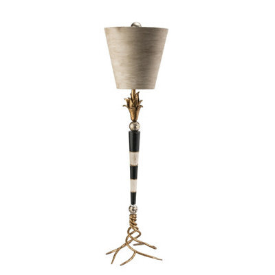 Elegant Black And Cream Striped Table Lamp With Brass Base And Inverted Drum Shade