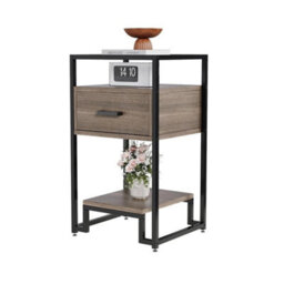 Light Brown Tempered Glass Top Side Table With 3-Tier Storage Drawer, Narrow Bedside Table - thumbnail 1