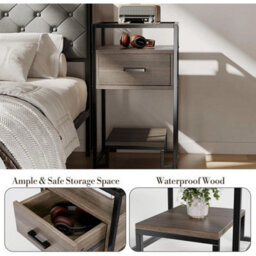 Light Brown Tempered Glass Top Side Table With 3-Tier Storage Drawer, Narrow Bedside Table - thumbnail 5