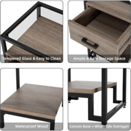 Light Brown Tempered Glass Top Side Table With 3-Tier Storage Drawer, Narrow Bedside Table - thumbnail 4