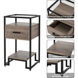 Light Brown Tempered Glass Top Side Table With 3-Tier Storage Drawer, Narrow Bedside Table - thumbnail 3