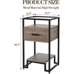 Light Brown Tempered Glass Top Side Table With 3-Tier Storage Drawer, Narrow Bedside Table - thumbnail 2