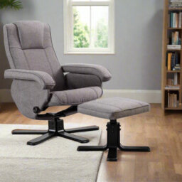 Evre Armchair With Foot Stool Fabric Silver With Recline Swivel Padding