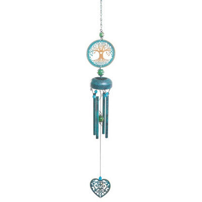 Blue & Gold Tree Of Life Windchime - Metal & Glass Hanging Outdoor Garden Wind Chime Decoration - Measures H73 X W9 X D10Cm - image 1