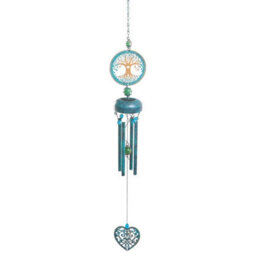 Blue & Gold Tree Of Life Windchime - Metal & Glass Hanging Outdoor Garden Wind Chime Decoration - Measures H73 X W9 X D10Cm