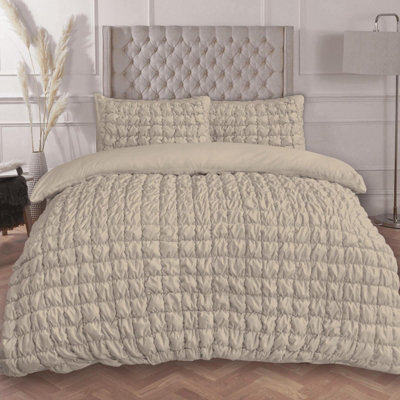 OHS Filled Seersucker Duvet Cover With Pillowcase Bedding Set, Natural - King - image 1