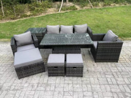 Fimous 8 Seater Wicker Pe Rattan Garden Furniture Sofa Set Outdoor Adjustable Rising Lifting Dining Table Set - thumbnail 1