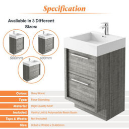 Plum&clay Walter Grey Wood Floor Standing Bathroom Vanity Unit With Polymarble Resin Basin (W)500mm - thumbnail 5