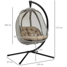 Outsunny Folding Hanging Egg Chair W/ Cushion And Stand For Indoor Outdoor Khaki - thumbnail 3