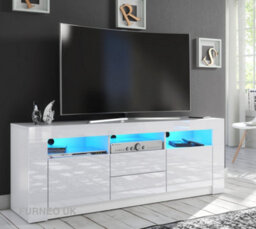 Furneo White Tv Stand 160Cm Unit Cabinet Matt & High Gloss Clifton 18 Blue Led Lights - thumbnail 1