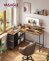 Vasagle L-Shaped Gaming Desk Desk With Monitor Stand, Drawers, Adjustable Shelf, Rustic Brown