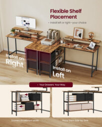 LEDREM L-Shaped Gaming Desk Desk With Monitor Stand, Drawers, Adjustable Shelf, Rustic Brown - thumbnail 4