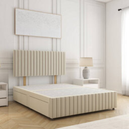 Bsspoke Emma Divan Bed Set Cream Plush Velvet 24Inch Headboard & Footboard & 2 Drawers Same Side & No Mattress In All Sizes - thumbnail 1