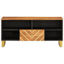 Berkfield Durable Tv Cabinet Brown And Black 100X33.5X46 Cm Solid Wood Mango - thumbnail 4
