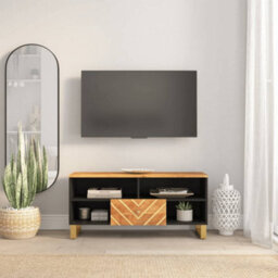 Berkfield Durable Tv Cabinet Brown And Black 100X33.5X46 Cm Solid Wood Mango - thumbnail 2