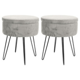 Harbour Housewares 2X Velvet Storage Footstools - Round Modern Dressing Table Footstool Vanity Seat Chair - 45 X 36Cm Grey/black - thumbnail 1