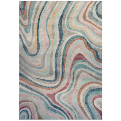 Loomed Grooved Lines Retro Milticoloured Pastel Fireside Living Area Rug 120Cm X 170Cm - image 1