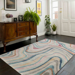 Loomed Grooved Lines Retro Milticoloured Pastel Fireside Living Area Rug 120Cm X 170Cm - thumbnail 4