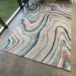 Loomed Grooved Lines Retro Milticoloured Pastel Fireside Living Area Rug 120Cm X 170Cm - thumbnail 7