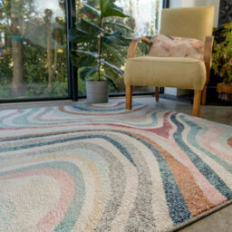 Loomed Grooved Lines Retro Milticoloured Pastel Fireside Living Area Rug 120Cm X 170Cm - thumbnail 6