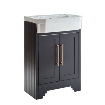 Homestylestore Black Grey 570mm Bathroom Vanity Unit And Brushed Copper T Bar Handles - image 1
