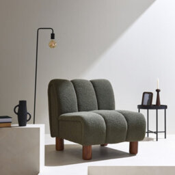 Sweeek - Armchair With Rounded Wooden Legs And Khaki Bouclette Fabric