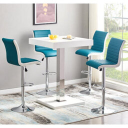 Furniture in Fashion Topaz White High Gloss Bar Table With 4 Ritz Teal White Stools