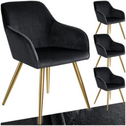 Tectake Set Of 4 Chair Marilyn With Velvet Cover, Gold Steel Legs And Plush Padding  - Black/gold