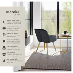 Tectake Set Of 4 Chair Marilyn With Velvet Cover, Gold Steel Legs And Plush Padding  - Black/gold - thumbnail 2
