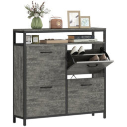 Homcom Shoe Cabinet With 4 Flip Drawers, Holds 12-20 Pairs, Cement Grey - thumbnail 2