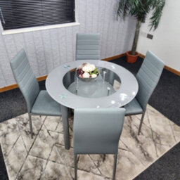 Kosy Koala Round Glass Grey Kitchen Dining Table With Storage Shelf And 4 Grey Metal Chairs Set - thumbnail 9