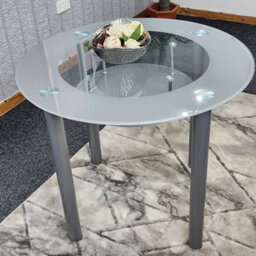 Kosy Koala Round Glass Grey Kitchen Dining Table With Storage Shelf And 4 Grey Metal Chairs Set - thumbnail 8