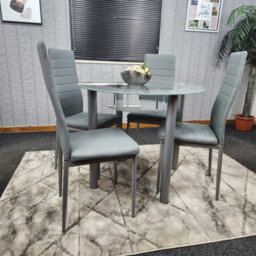 Kosy Koala Round Glass Grey Kitchen Dining Table With Storage Shelf And 4 Grey Metal Chairs Set - thumbnail 2