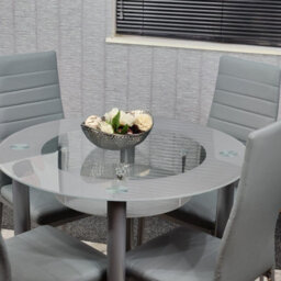 Kosy Koala Round Glass Grey Kitchen Dining Table With Storage Shelf And 4 Grey Metal Chairs Set - thumbnail 6