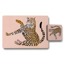 Benjamin Tate Design Vibrant Leopard Print Placemat And Coaster Set With Wood Bottom Luxury Artwork Limited Edition