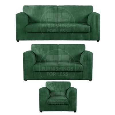 Furnishings For Less UK Luxor Jumbo Cord 3 + 2 + 1 Fabric 3 Piece Sofa Suite - Fullback Green - image 1