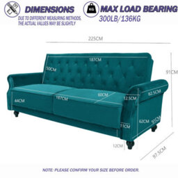 3 Seater Sofa Bed,  225Cm Velvet Click Clack Sofa Bed With Solid Wood Legs - Blue - thumbnail 7