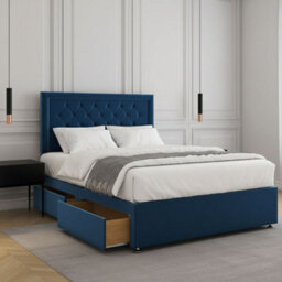 REGIONAL FURNISHINGS Divan Bed Set Blue Plush Velvet Upholstered 24Inch Headboard & 2Drawers Sameside & Mattress In 3Ft 4Ft 4Ft6 5Ft 6Ft Sizes - thumbnail 1