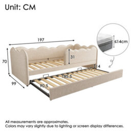 Matteo Beige Linen Upholstered Daybed With Pull-Out Trundle - 3Ft Single Sofa Guest Bed For Kids & Adults - thumbnail 2