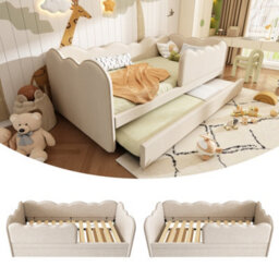 Matteo Beige Linen Upholstered Daybed With Pull-Out Trundle - 3Ft Single Sofa Guest Bed For Kids & Adults