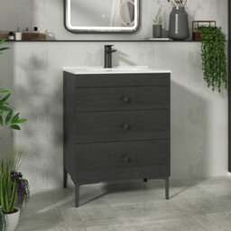 Royal Bathrooms Royal Bathroom Verona 600mm Black Woodgrain 3-Drawer Floor Standing Bathroom Vanity Unit With Ceramic Basin & Matt Black Knob - thumbnail 1