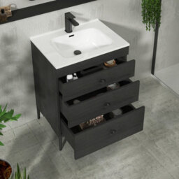 Royal Bathrooms Royal Bathroom Verona 600mm Black Woodgrain 3-Drawer Floor Standing Bathroom Vanity Unit With Ceramic Basin & Matt Black Knob - thumbnail 5