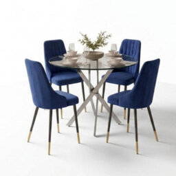 Oira Homes Modern 4 Seater Dining Table Set With Round Glass Dining Table And 4 Blue Velvet Chairs - thumbnail 1