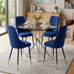 Oira Homes Modern 4 Seater Dining Table Set With Round Glass Dining Table And 4 Blue Velvet Chairs - thumbnail 2
