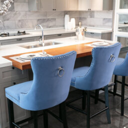 HomeTouch Set Of 6 Velvet Bar Stools Kitchen Breakfast With Wooden Legs Blue - thumbnail 5