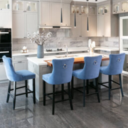 HomeTouch Set Of 6 Velvet Bar Stools Kitchen Breakfast With Wooden Legs Blue